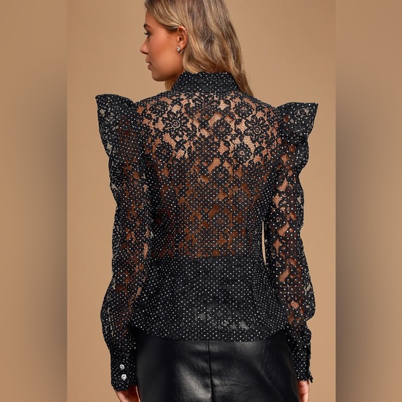 Lulus Respect Black And White Lace Button-up Polka Dot Top - Size S - Picture 3 of 5